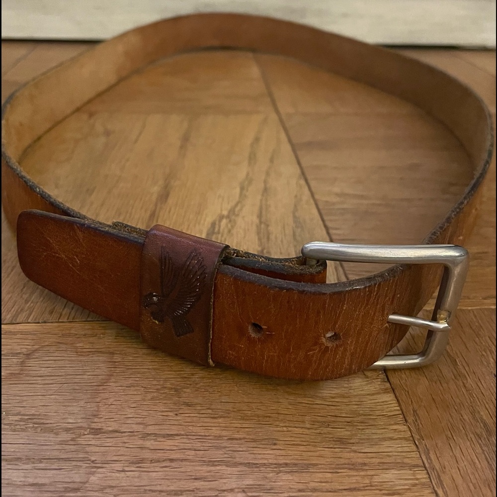 Vintage Well Loved Mens Genuine Leather Belt with an Eagle on it